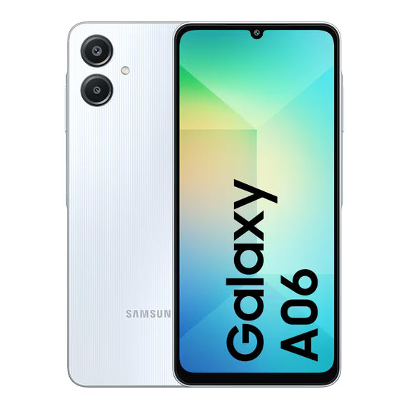 Celular Samsung Galaxy A06 en color azul claro, con 4GB de RAM y 64GB de almacenamiento, vista frontal del dispositivo