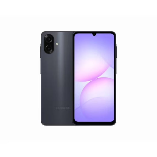 Celular Samsung Galaxy A07 LTE negro con 4GB de RAM y 128GB de almacenamiento, vista lateral en fondo claro
