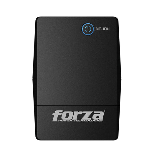 Batería UPS Forza línea interactiva de 500W y 1000VA con pantalla digital y cables conectados.