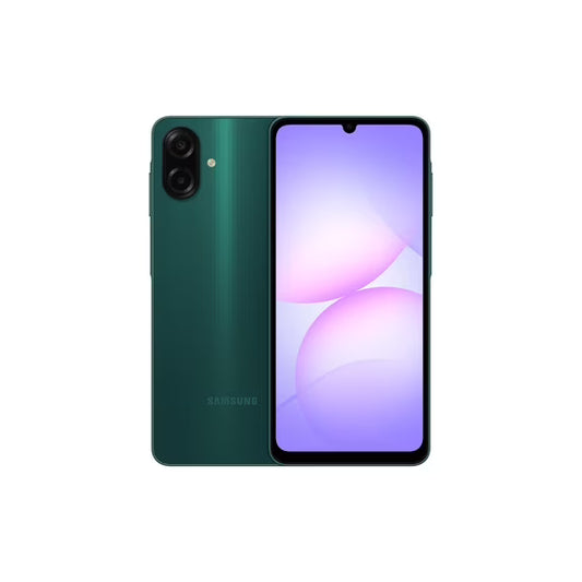 Celular Samsung Galaxy A07 LTE de color verde con pantalla y diseño visible, memoria de 4GB y almacenamiento de 128GB.