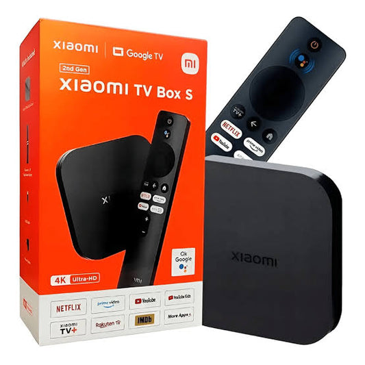 Televisor inteligente Xiaomi con pantalla grande y control remoto, modelo Box 63588, en color negro.